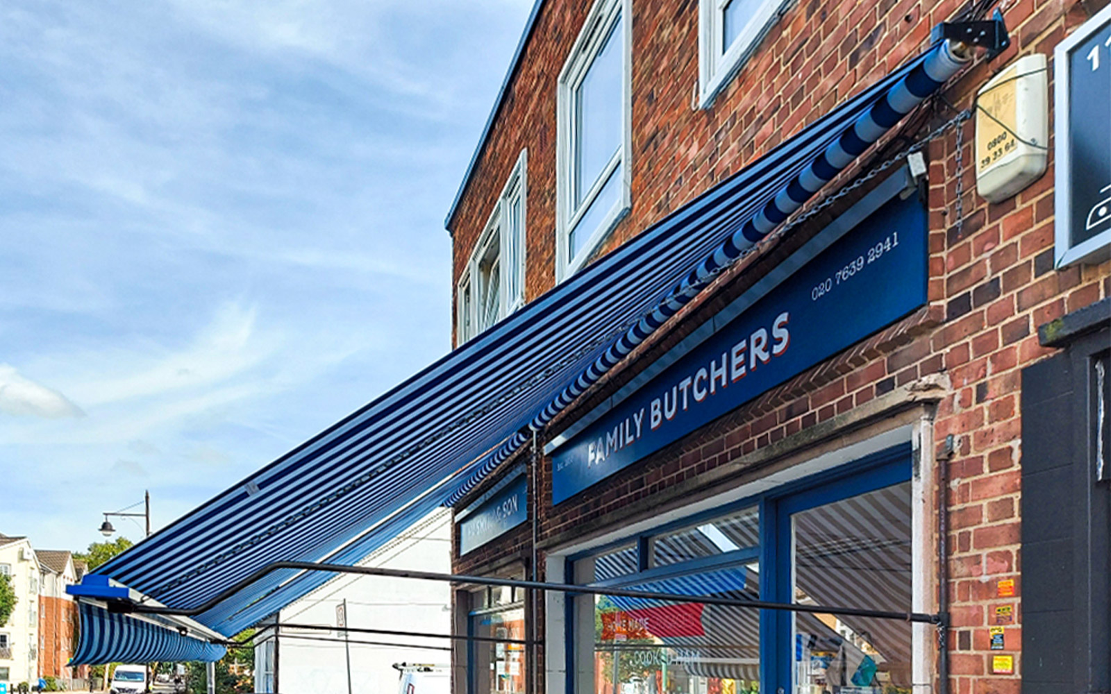 Blue and white Awnings made in Britain
